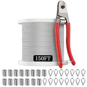 1/8 Stainless Steel Cable, 150FT 1/8 Inch Wire Rope, 7x7 Strand Cable Wire 1800lbs Breaking Strength, for Aircraft Cable, Deck Railing, String Light and Yard Zipline, with Tool Set, Silver