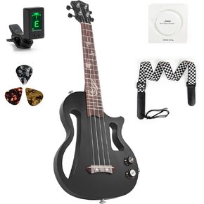 Silent Ukulele, Lotkey 26 Inch Okoume Body Electric Ukulele for Practice or Performances with AMP Output Italian Nylon String w/Tuner Strap & Full Accessories (Black)