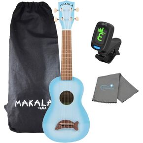 Kala Light Blue Burst Dolphin Makala Soprano Ukulele - MK-SD/LBLBURST Bundle with a Tuner and Polishing Cloth