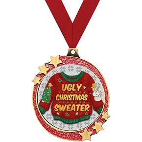 Crown Awards Ugly Christmas Sweater Red Glitter Award Medals, 2.5" Gold Shooting Star Ugly Sweater Trophies Prime