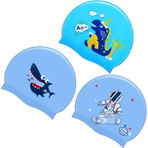 3 Pieces Kids Swim Caps Toddlers Swimming Caps Silicone Swim Cap for Boys Girls (Age 4-12) Baby Waterproof Cartoon Bathing Hats for Long and Short Hair (Boy Style)