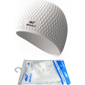Large Swimming Cap Durable Silicone Waterproof Swimming Cap Best for Long Hair and Thick Braids Keep Hair Dry Swimming Cap with Ear Plugs Nose Clip Set (White)