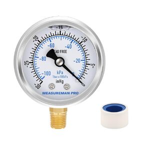 MEASUREMAN PRO 2.5'' Glycerin Filled Pressure Gauge, 30inHg-0 Vacuum,304 Stainless Steel Case, 1/4" NPT Lower Mount,for Air Conditioning Line, Tank, Air Pump, HVAC Test
