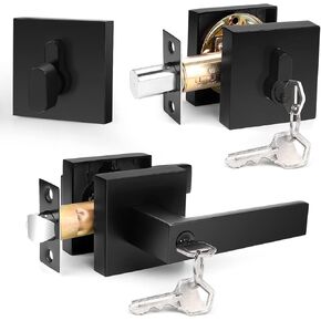Probrico Satin Nickel Square Entry Levers Locksets and Single Cylinder Deadbolts Combination Set, Heavy Duty Front Door Office Entrance Levers, 3 Pack Keyed Alike(All Same Keys)