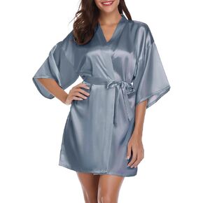 Vlazom Womens Kimono Robes Dressing Gown Satin Bathrobe Nightdress Short Style Bridal Robe