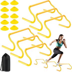 Agility Hurdles Training Equipment - 6 Speed Hurdles and 10 Soccer Cones with Carrying Bag for Soccer, Football, and Track Drills, Ideal for and Athletes Speed and Agility Training (Yellow)