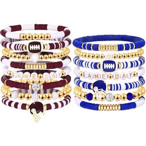 Game Day Bracelets for Women Multi-Layered Clay Beaded Stretch Bracelets Friendship Bracelets Football Sports Bracelet Set Sports Competition Event Football Accessories