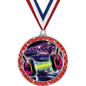DJ Turn Tables Red Trellis Medal Silver, 2.5" DJ Music Prizes, Kids DJ Trophy Medal Awards Prime