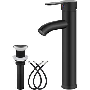 gotonovo Bathroom Faucet One Hole Single Handle Deck Mount Vessel Sink Faucet Lavatory Vanity Modern Tall Mixer Bar Tap with Water Supply Lines and Metal Pop Up Drain Matte Black