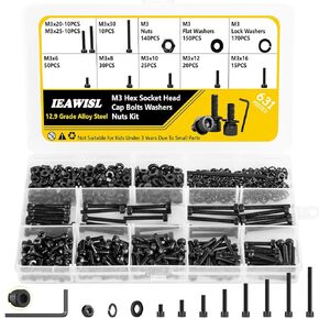 M3 Screws Nuts and Washers Assortment, 631Pcs 12.9 Grade Alloy Steel Hex Socket Head Cap Screws Nuts Washers Kit - M3*6/8/10/12/16/20/25/30mm for 3D Printer DIY Home