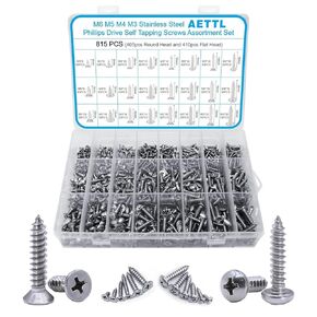 M6 M5 M4 M3 Wood Screws Assortment Kit,815pcs Metric Stainless Steel Assorted Self Tapping Screws Set Truss Flat Pan Head Phillips Drive Drilling for Deck Drywall Concrete Sheet Metal