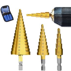 3 Pcs Straight Grooved Step Drill Bit Set, High-Speed Steel Shank Titanium Step Drill Bits Set Hex Shank Drive, HSS Cut Tool for Metal Wood Steel Hole Drilling 4-12mm/4-20mm/4-32mm