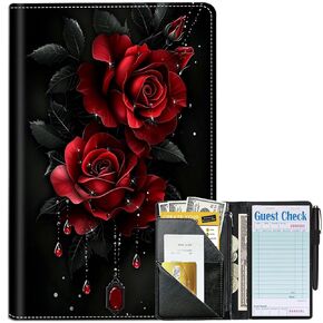 Server Books for Waitress Waiter Book with Zipper Money Pocket Red Roses Design PU Leather Cute Waitstaff Organizer Black Waiter Serving Book Wallet with Pen Holder Fit Server Apron
