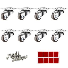 Mini Caster Wheels 0.5 Inch Low Profile Swivel Small Casters, Steel Top Plate Self Adhesive Little Rubber Rolling Wheels for Furniture, Small Appliances, Toy Cart Storage Box & Bins 8 Pack