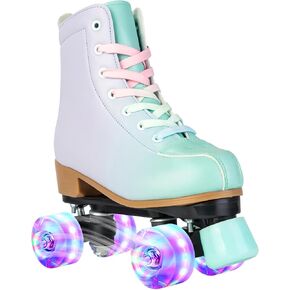 Roller Skates for Girls and Women, PU Leather Gradient Green Purple Roller Skates with Flash Wheels, Indoor Outdoor Roller Skates for Youth Beginner Girls Ages 8-12