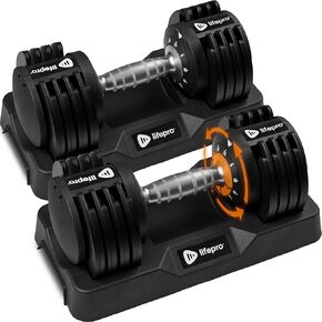 LifePro Adjustable Dumbbell Set/Single – 90lb, 25lb Dumbbells Set of 2, and Single piece - Quick Change Rotating Hand Weights for Women/Men at Home Gym Weight System, Ideal for Home Strength Training