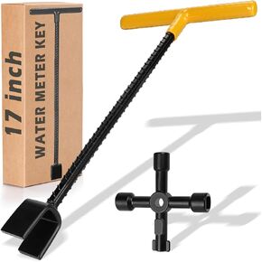 17 Inch Water Meter Key With 4-Way Multi-Functional Utilities Key, Enforced Rebar Water Shut Off Tool Wrench T-handle for Curb Main and Water Meters, Underground Stop or Waste Valves