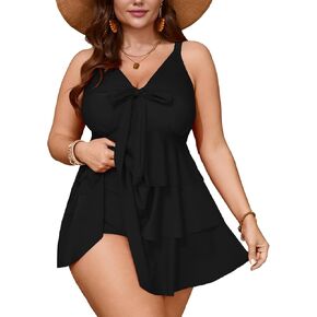 SCOMCHIC Women's Plus Size Swimsuit One Piece Tummy Control Ruffled Swim Dress V Neck Tankini Swimwear Bathing Suit