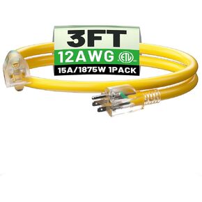 50 ft 12/3 Outdoor Extension Cord Waterproof Heavy Duty with Lighted Indicator End 12 Gauge 3 Prong, Flexible Cold-Resistant Long Power Cord Outside, 15Amp 1875W SJTW Yellow ETL Listed