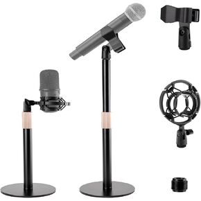 Desktop Microphone Stand,Adjustable Table Mic Stand with Universal Microphone Clip and Shock Mount Mic Clip,One 3/8"-16 Female to 5/8"-27 Male Aluminium Alloy Screw Adapter