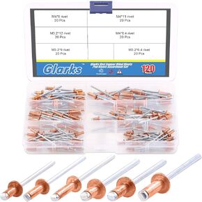 Glarks 120Pcs 6 Size Red Copper Blind Rivets Pop Rivets Assortment Set for Sheet Metal, Automotive, Railway, and Furnitures