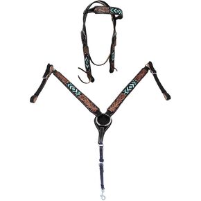 Horse Show Bridle Western Leather Western Basket Weave Tooled Leather Beaded Bridle Breast Collar Tack 79TacksetBeaded