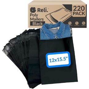 Reli. (220 Pcs) 12x15.5" Black Poly Mailers | Shipping Bags for Small Business | Black Poly Bags for Shipping, 12x15.5 Inch | Packaging Bag for Clothing | Non-Padded Shipment Envelopes, Self Sealing
