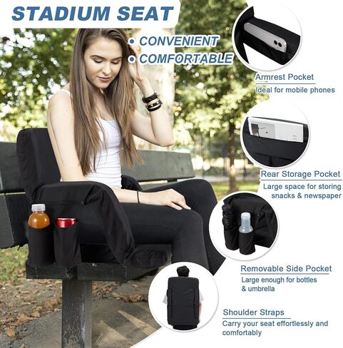 Folding Stadium Seat Wide Reclining Bleacher Seat w/Hook, Back Support & Armrest, Portable Padded Cushion Bleacher Chair for Sports Concerts Camping in Saudi Arabia