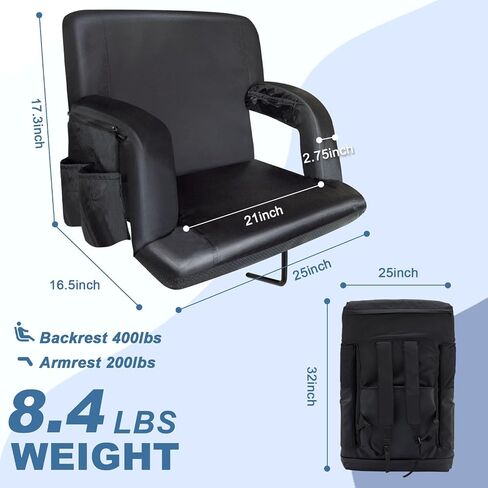 Folding Stadium Seat Wide Reclining Bleacher Seat w/Hook, Back Support & Armrest, Portable Padded Cushion Bleacher Chair for Sports Concerts Camping in Saudi Arabia