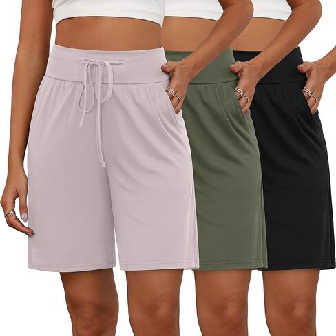 Neer 3 Pack Bermuda Shorts for Women Wide Leg High Waisted Drawstring Gym Shorts with Pocket in Kuwait