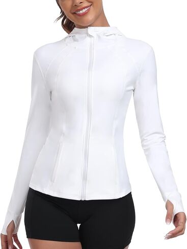 Women's Hooded Athletic Full Zip Workout Jacket With Pockets Running Slim Fit Yoga Sportwear With Thumb Holes in Saudi Arabia