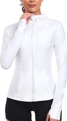 Women's Hooded Athletic Full Zip Workout Jacket With Pockets Running Slim Fit Yoga Sportwear With Thumb Holes in Saudi Arabia