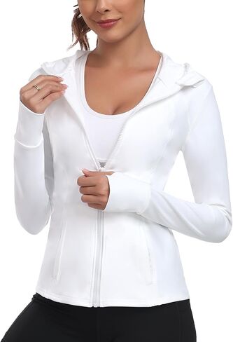 Women's Hooded Athletic Full Zip Workout Jacket With Pockets Running Slim Fit Yoga Sportwear With Thumb Holes in Saudi Arabia