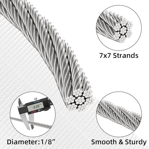 1/8 Stainless Steel Cable, 150FT 1/8 Inch Wire Rope, 7x7 Strand Cable Wire 1800lbs Breaking Strength, for Aircraft Cable, Deck Railing, String Light and Yard Zipline, with Tool Set, Silver in Saudi Arabia
