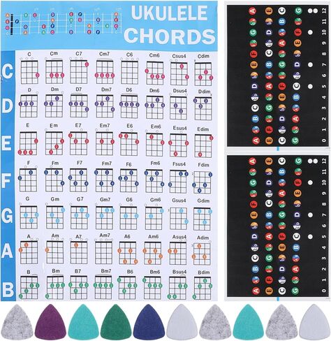 Ukulele Chord Chart CheatSheets Laminated Chord Poster Beginner Learner with 2pcs Colorful Fretboard Coded Note Decal Stickers and 10 Color Felt Ukulele Picks in Saudi Arabia