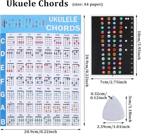 Ukulele Chord Chart CheatSheets Laminated Chord Poster Beginner Learner with 2pcs Colorful Fretboard Coded Note Decal Stickers and 10 Color Felt Ukulele Picks in Saudi Arabia