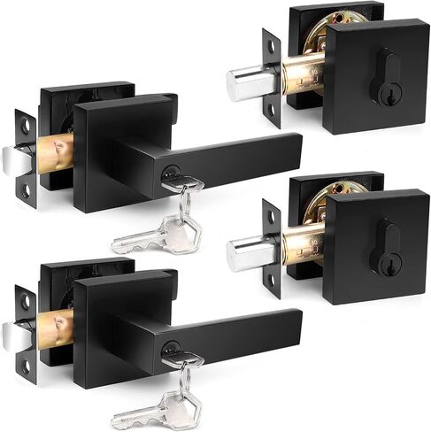 Probrico Satin Nickel Square Entry Levers Locksets and Single Cylinder Deadbolts Combination Set, Heavy Duty Front Door Office Entrance Levers, 3 Pack Keyed Alike(All Same Keys) in Kuwait