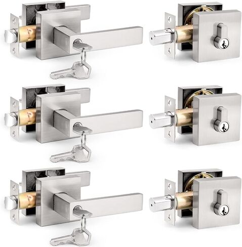 Probrico Satin Nickel Square Entry Levers Locksets and Single Cylinder Deadbolts Combination Set, Heavy Duty Front Door Office Entrance Levers, 3 Pack Keyed Alike(All Same Keys) in Kuwait