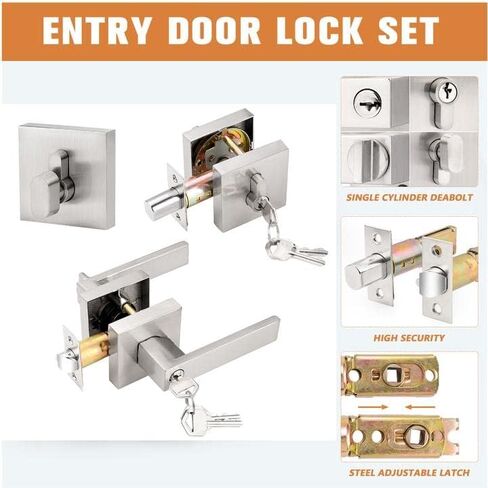 Probrico Satin Nickel Square Entry Levers Locksets and Single Cylinder Deadbolts Combination Set, Heavy Duty Front Door Office Entrance Levers, 3 Pack Keyed Alike(All Same Keys) in Kuwait