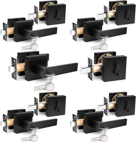 Probrico Satin Nickel Square Entry Levers Locksets and Single Cylinder Deadbolts Combination Set, Heavy Duty Front Door Office Entrance Levers, 3 Pack Keyed Alike(All Same Keys) in Kuwait