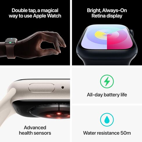 Apple Watch Series 9 [GPS 45mm] هيكل من الألومنيوم منتصف الليل مع حزام رياضي منتصف الليل، S/M (متجدد) in Kuwait