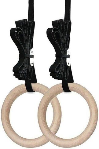 Wooden Gymnastic Rings with Adjustable Straps, for Gym, Workout, Exercise, Outdoor Training, Quick Install Carabiner, 15ft Straps Pull Up Non-Slip Rings 800lb in Saudi Arabia