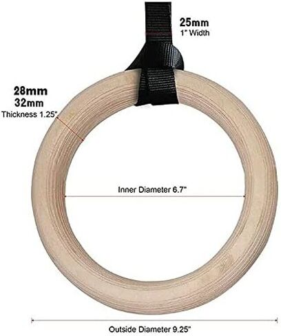 Wooden Gymnastic Rings with Adjustable Straps, for Gym, Workout, Exercise, Outdoor Training, Quick Install Carabiner, 15ft Straps Pull Up Non-Slip Rings 800lb in Saudi Arabia
