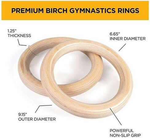Wooden Gymnastic Rings with Adjustable Straps, for Gym, Workout, Exercise, Outdoor Training, Quick Install Carabiner, 15ft Straps Pull Up Non-Slip Rings 800lb in Saudi Arabia