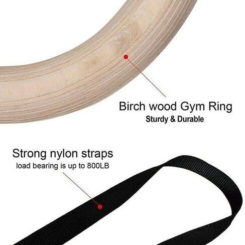 Wooden Gymnastic Rings with Adjustable Straps, for Gym, Workout, Exercise, Outdoor Training, Quick Install Carabiner, 15ft Straps Pull Up Non-Slip Rings 800lb in Saudi Arabia
