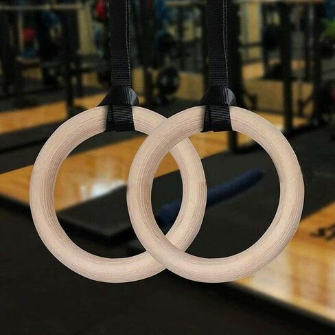 Wooden Gymnastic Rings with Adjustable Straps, for Gym, Workout, Exercise, Outdoor Training, Quick Install Carabiner, 15ft Straps Pull Up Non-Slip Rings 800lb in Saudi Arabia