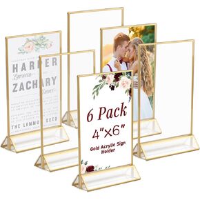 Gold Acrylic Sign Holder 5x7 Inch, 6 Pack Gold Acrylic Picture Frames, Clear Double Sided Menu Holder, Wedding Table Number Frames Vertical for Wedding Reception, Party Decoration,Restaurant Signs
