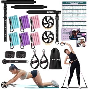 Pilates Bar Kit with Resistance Bands, Multifunctinal Exercise Bar with Ab Roller for Pilates/Abs/Weight Loss, Portable Home Gym Pilates bar kit for Full Body Training Women