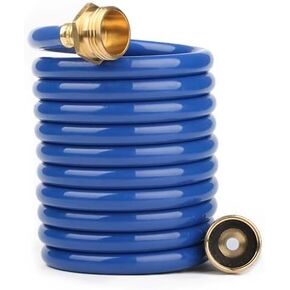 Heavy-Duty EVA Coil Garden Hose with GHT Solid Brass Fittings, Water Hose with Brass Connectors, for Garden Lawn Watering, Car Washing (15FT, Blue)