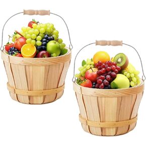 ZILAMGOO 2 Pack Round Wooden Baskets, Wooden Fruit Bucket with Handles, Fall Harvest Basket, Bushel Baskets for Fruit and Vegetables, Decorating for Party Birthdays, Use as Holiday Gift Baskets